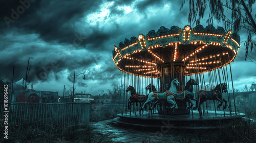 Halloween Haunted Carousel Horses: Ghostly, glowing horses on a creaky, old carousel, spinning in an abandoned fairground under a stormy Halloween sky, night, wheel, carnival, carousel, park, fun, fer