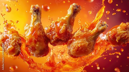 Fried chicken drumsticks flying in the air, surrounded by a splash of sauce, with bold red and orange hues in the background.