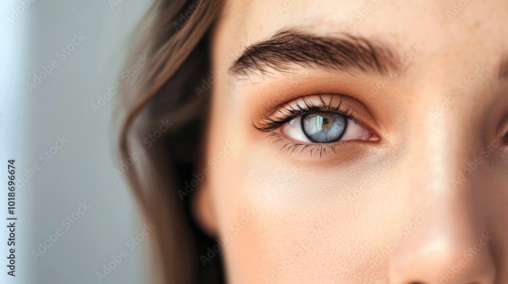 Close up of female eye with bright makeup and brush applying mascara on eyelashes Close up of female eye with bright makeup and brush applying mascara on eyelashes
