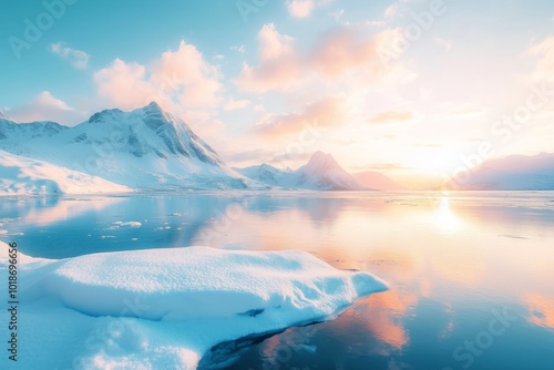 Calm winter sunrise over polar circle. Splendid morning scene of Boosen fjord on Flakstadoya island, Lofoten islands with Hustinden mountain on background, Norway, Beautiful winter scenery  photo