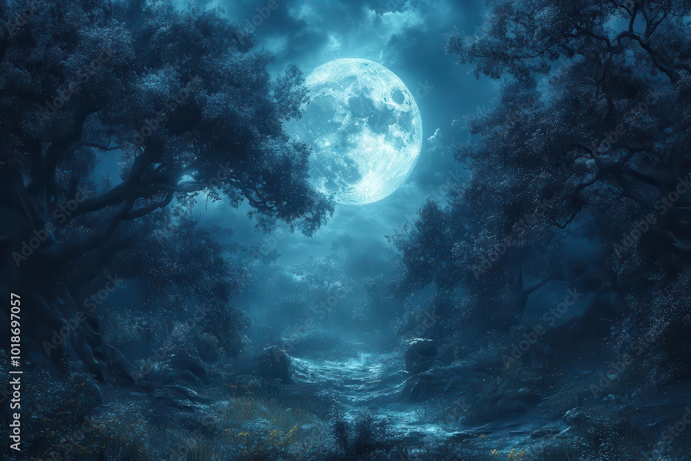 magical dark forest illuminated by a bright full moon with enchanted trees and whimsical creatures hidden in the shadows evoking a sense of wonder and mystery magical dark forest illuminated by a bright full moon with enchanted trees and whimsical creatures hidden in the shadows evoking a sense of wonder and mystery