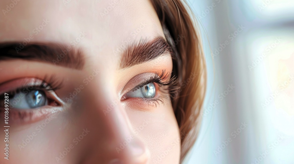 Close up of female eye with bright makeup and brush applying mascara on eyelashes