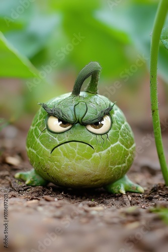  A tight shot of a green plant, its expressive features suggestively conveying melancholy, accompanied by a single leaf visible behind photo