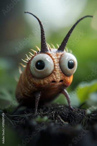  A macro shot of a bug with large, expressive eyes and an odd expression, set against a backdrop of lush grass