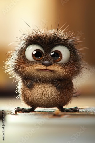  A tight shot of a small, furry creature with large eyes and a pouty expression, set against a softly blurred backdrop