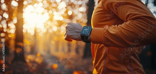 Runner with smartwatch in autumn forest during sunset. photo