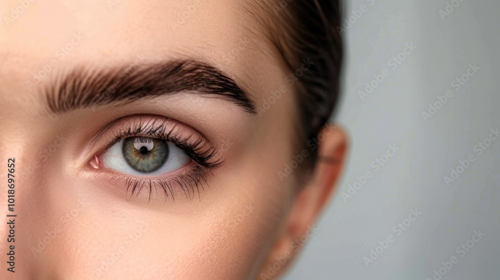 Close up of female eye with bright makeup and brush applying mascara on eyelashes Close up of female eye with bright makeup and brush applying mascara on eyelashes