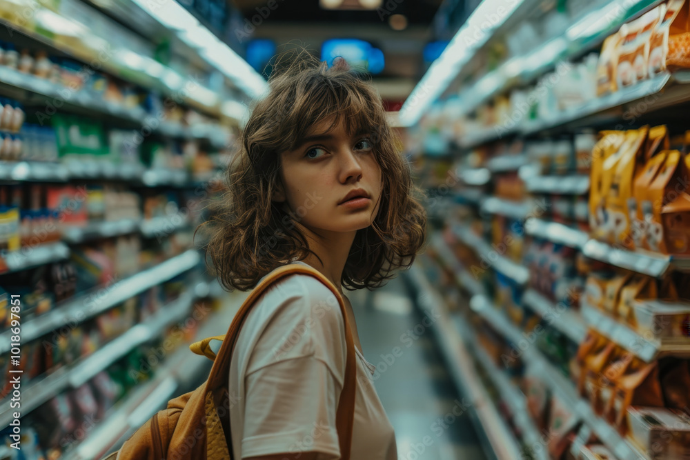 A woman with a backpack is standing in a grocery store aisle A woman with a backpack is standing in a grocery store aisle