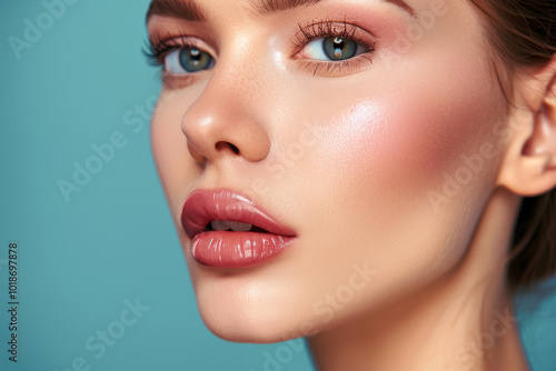 A woman with a blue background and a pink lip photo