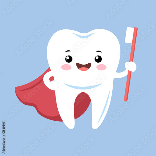 Cute and strong tooth in superhero cape holding toothbrush and toothpaste, dental care concept for kids, children boys and girls, brush clean teeth flat vector isolated illustration photo