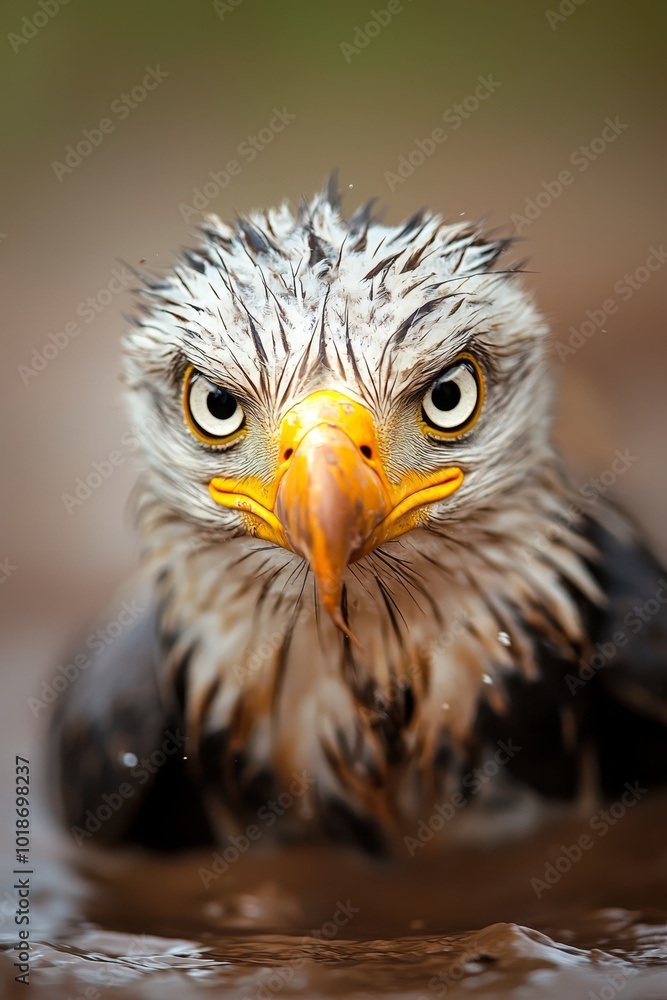 A tight shot of a bird of prey with its head above a body of water's surface A tight shot of a bird of prey with its head above a body of water's surface