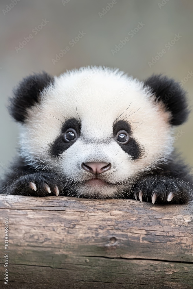 Fototapeta premium A tight shot of a small panda on a tree limb, paws atop a log above