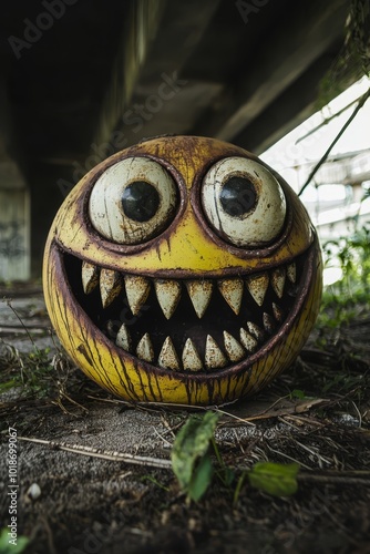  A tight shot of a pumpkin displaying a painted face and a green stem emerging from its mouth, suggesting a quirky, living gourd photo