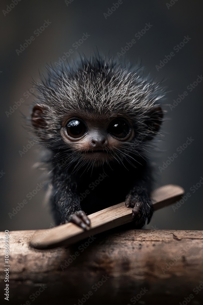 A tight shot of a small animal perched on a branch, with a fragment of wood in the foreground A tight shot of a small animal perched on a branch, with a fragment of wood in the foreground