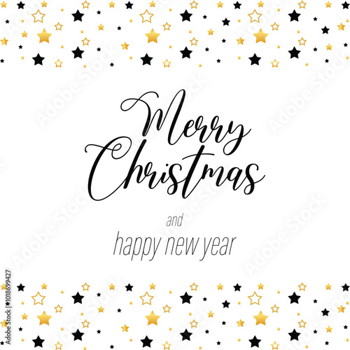 Merry Christmas Text Banner With Gold Colored Stars Vector Design.