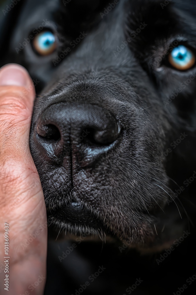 A tight shot of a hand petting a blue-eyed dog's nose, with the dog in focus behind it A tight shot of a hand petting a blue-eyed dog's nose, with the dog in focus behind it