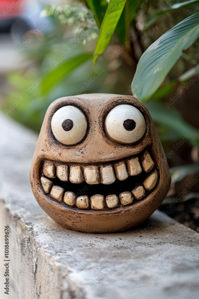 A planter, its surface adorned with a painted face, sits beside another bearing a living plant, both perched on a concrete ledge A planter, its surface adorned with a painted face, sits beside another bearing a living plant, both perched on a concrete ledge