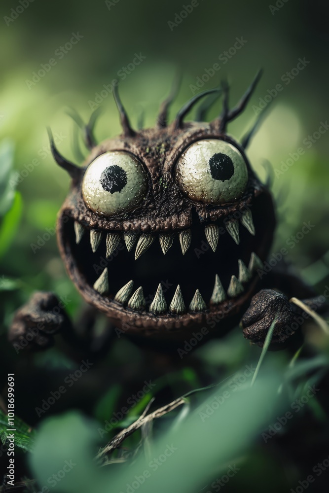 A toy monster with big eyes and sharp teeth is centrally positioned against a lush backdrop of emerald grass and vibrant leaves A toy monster with big eyes and sharp teeth is centrally positioned against a lush backdrop of emerald grass and vibrant leaves