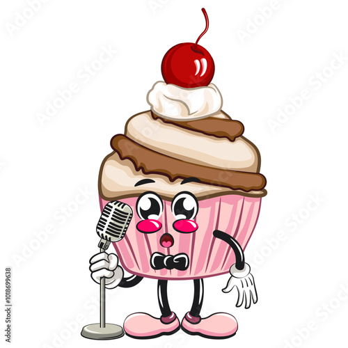 kawaii cartoon cupcake with cherry on top character mascot isolated vector illustration in front of the mic become a stand up comedian, the concept of birthday, work of hand drawn