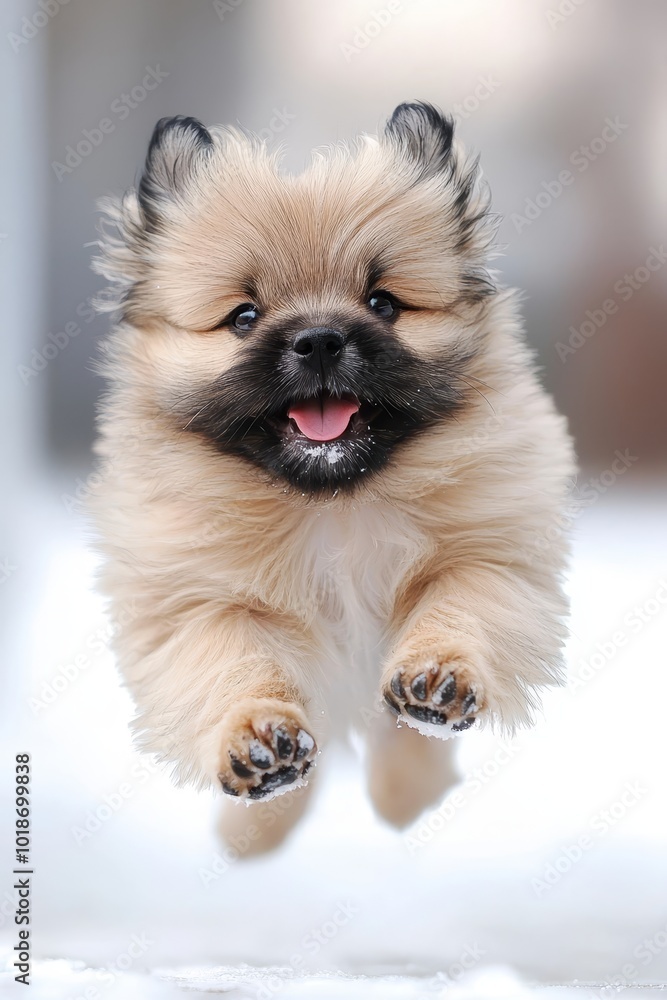 A small dog jumps, paws outstretched, eyes wide A small dog jumps, paws outstretched, eyes wide