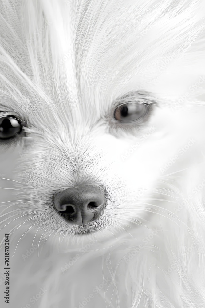 A tight shot of a white dog's face with its eyes depicted in black and white A tight shot of a white dog's face with its eyes depicted in black and white