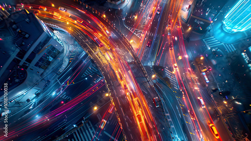 Colorful car light trails, long exposure photo at night, fantastic night scene, top view, a long exposure photo at the night