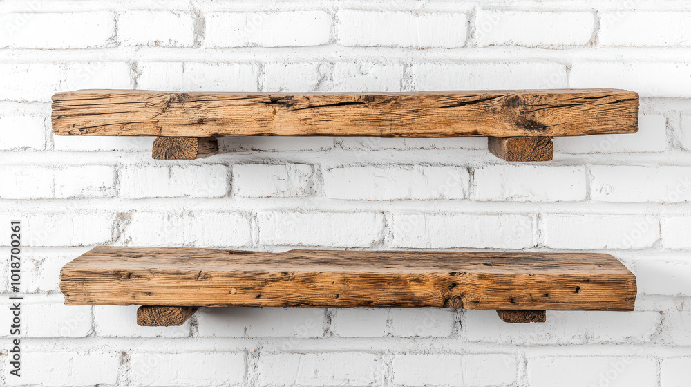 Fototapeta premium A set of rustic wooden shelves made from reclaimed barn wood, mounted on a white brick wall