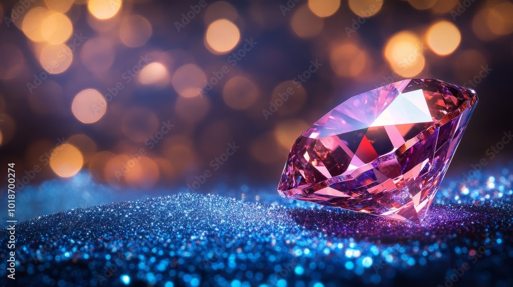 A sparkling pink diamond sits on a bed of glitter with a warm, blurry bokeh background. A sparkling pink diamond sits on a bed of glitter with a warm, blurry bokeh background.