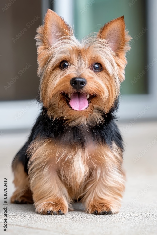 A small brown dog sits on the floor next to a white and black dog, its tongue hanging out A small brown dog sits on the floor next to a white and black dog, its tongue hanging out