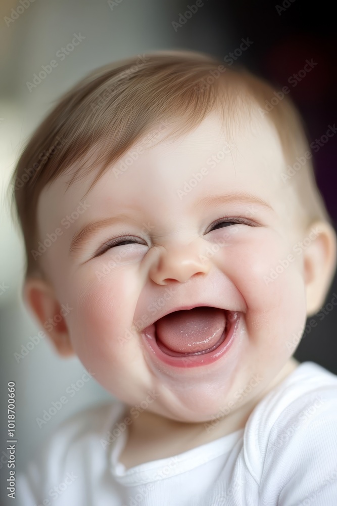 A close-up of a baby smiling with a toothbrush in its mouth A toothbrush is also visible in the image, near the baby's hand A close-up of a baby smiling with a toothbrush in its mouth A toothbrush is also visible in the image, near the baby's hand