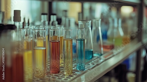 Rows of test tubes filled with colorful liquids placed in a rack, with various other laboratory glassware such as pipettes and beakers in the background.