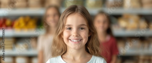 Cheerful Girl Smiling in a Grocery Store Aisle with Friends in the Background