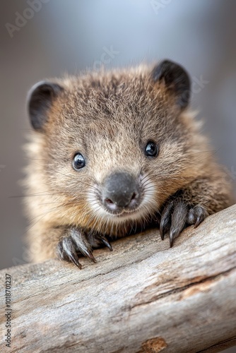  A tight shot of a small animal on a tree branch against a softly blurred background