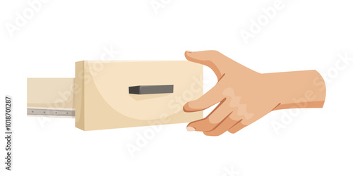 A hand pulling a light wooden drawer. Simple graphic style on white background. Vector illustration