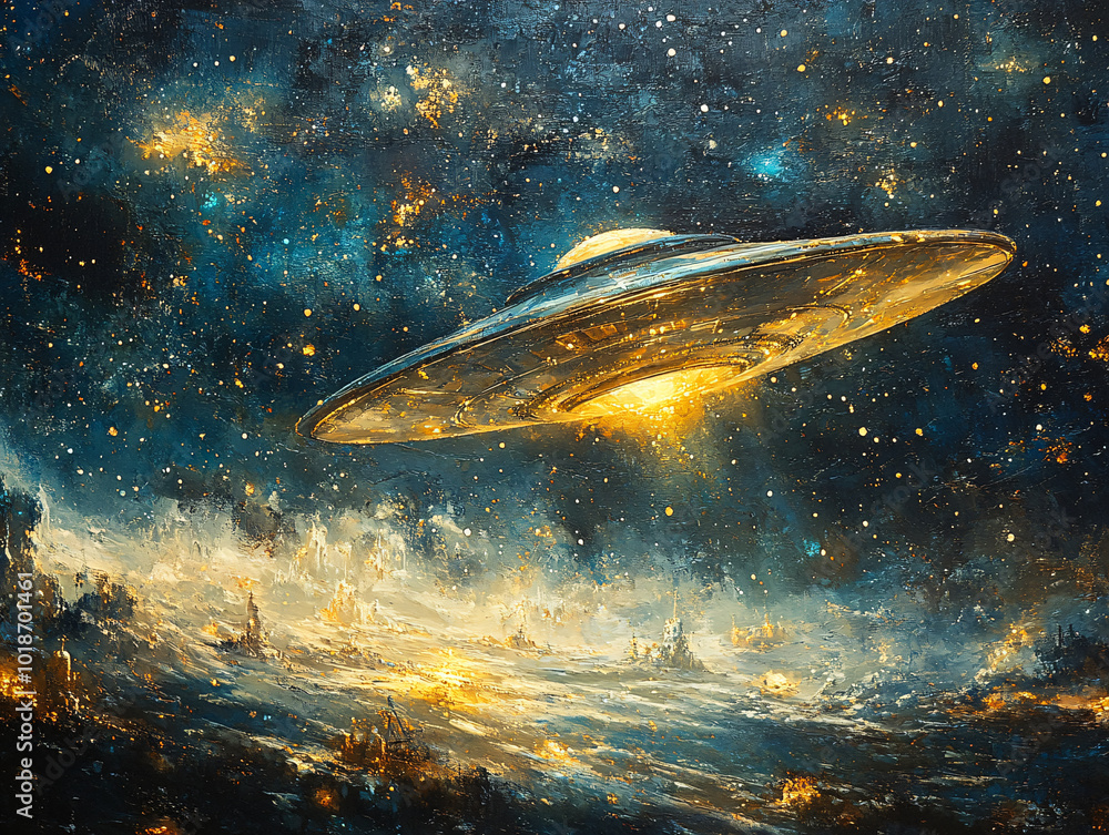 a surrealistic painting featuring a winding road leading towards an extraterrestrial spacecraft with a glowing red interior with vibrant sky with swirling clouds a surrealistic painting featuring a winding road leading towards an extraterrestrial spacecraft with a glowing red interior with vibrant sky with swirling clouds