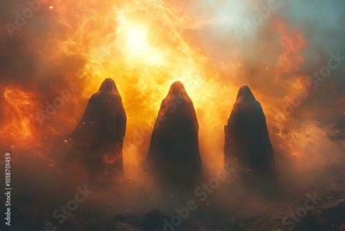 Three figures in cloaks amidst a fiery, apocalyptic landscape.