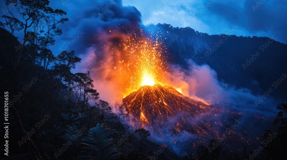 Fototapeta premium Erupting Volcano with Lava and Ash Clouds at Dusk