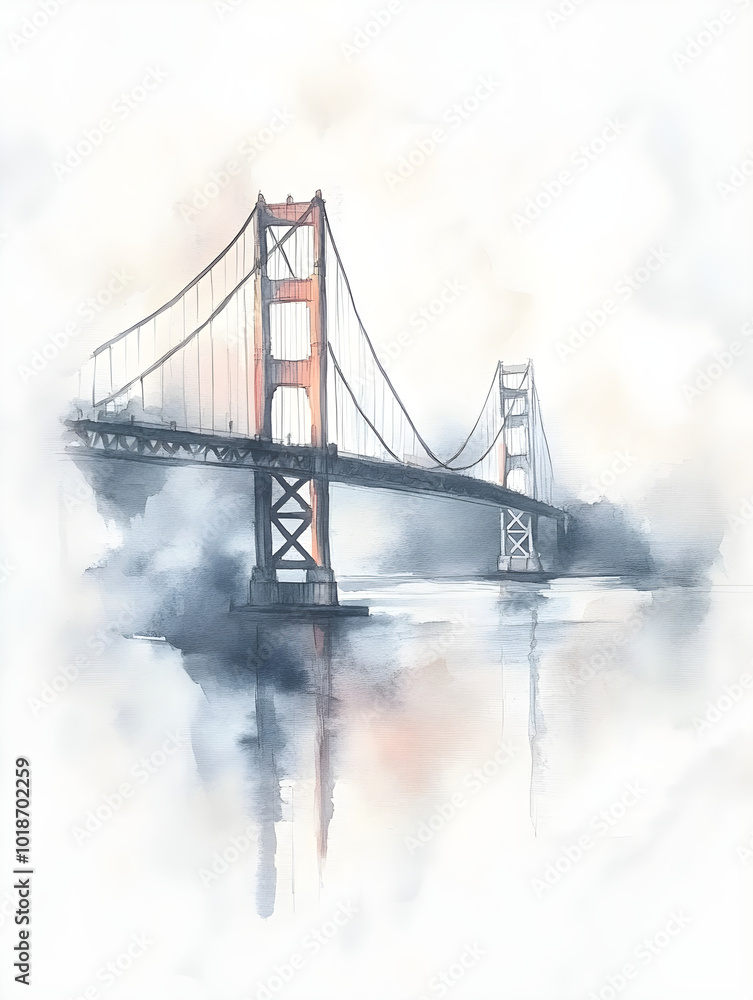 Fototapeta premium San Francisco Watercolor Painting, Golden Gate Bridge Poster