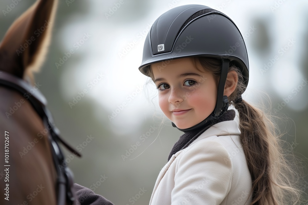 Happy girl kid at equitation lesson looking at camera while riding a horse, wearing horseriding helmet Happy girl kid at equitation lesson looking at camera while riding a horse, wearing horseriding helmet