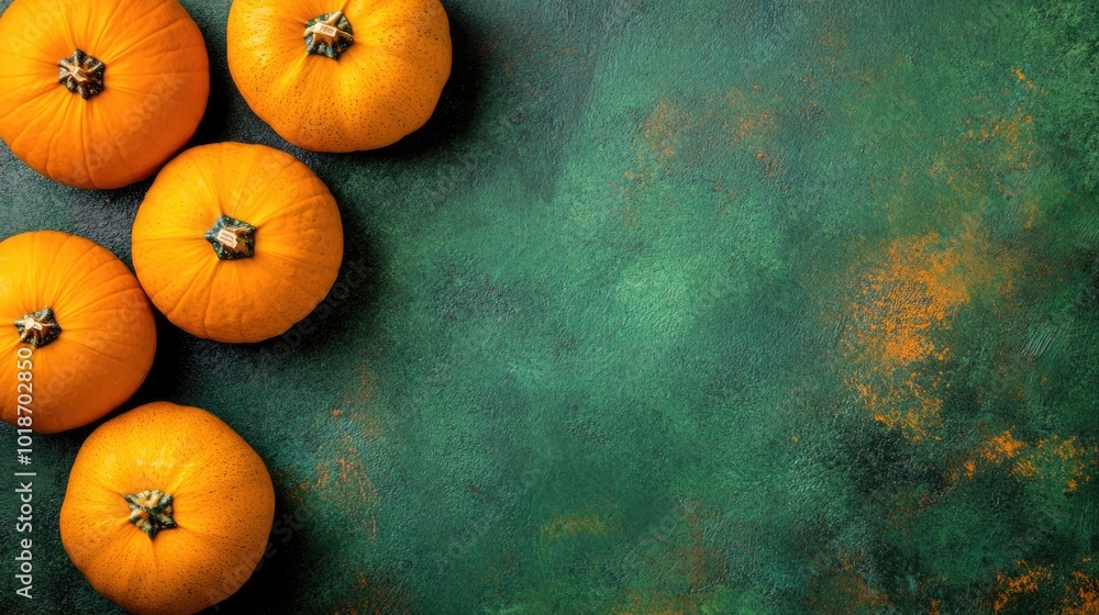 Flat lay composition with pumpkins on green background space for text Flat lay composition with pumpkins on green background space for text
