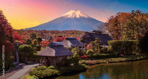 The ancient Oshino Hakkai village with Mt. Fuji in Autumn Season at Minamitsuru District, Yamanashi Prefecture, Japan. photo