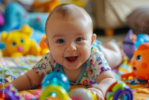 A baby is laying on a blanket with a variety of toys around him
