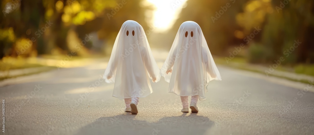 Two ghost dolls stroll along a road, sunlight filtering through tree branches above at midday Two ghost dolls stroll along a road, sunlight filtering through tree branches above at midday