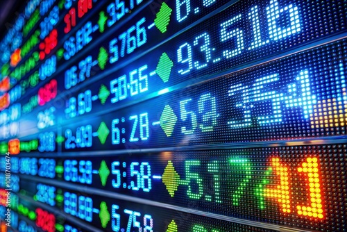 Stock market display with ticker tape and financial indicators