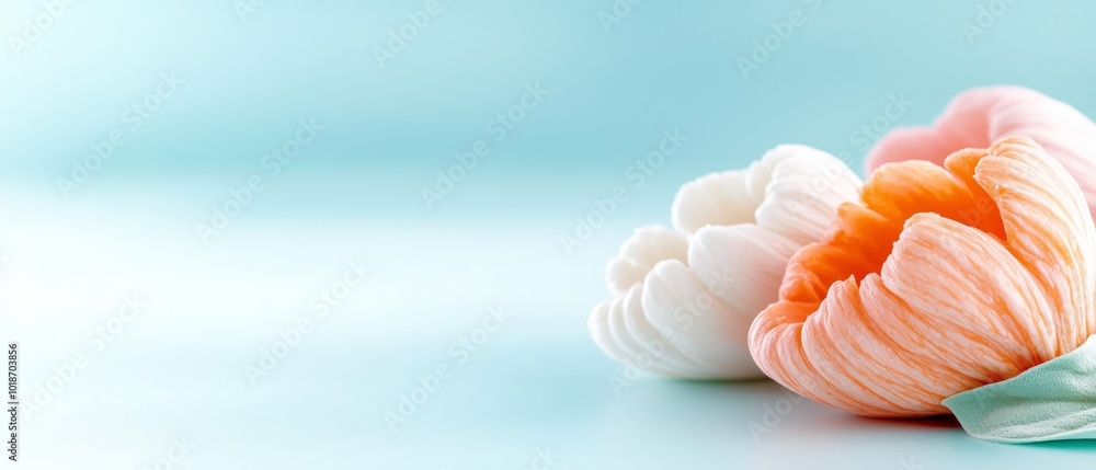 A few tulips atop a blue-and-white countertop against a light blue background A few tulips atop a blue-and-white countertop against a light blue background