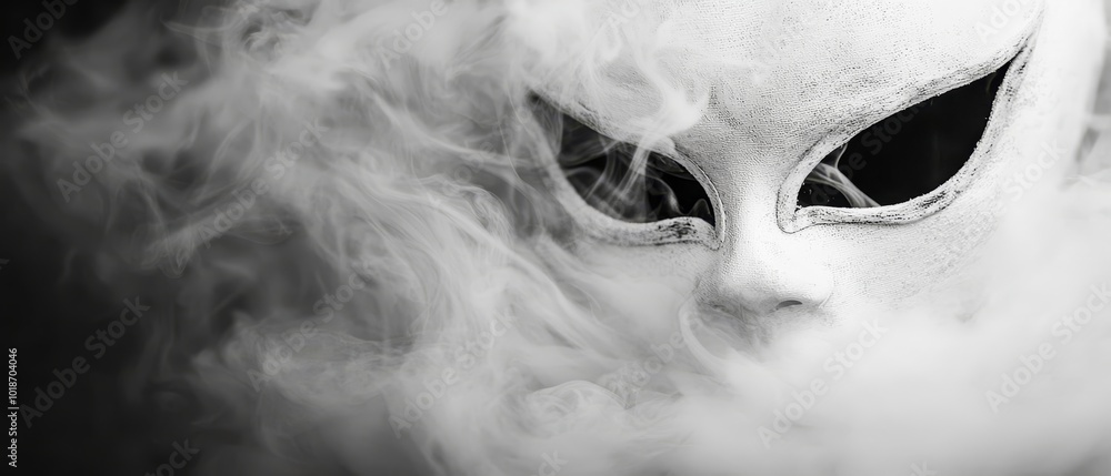 A monochrome image of an individual in a mask with smoke emanating from its eye holes A monochrome image of an individual in a mask with smoke emanating from its eye holes