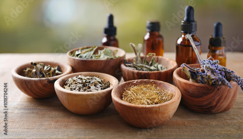 Wooden bowls with aromatic dry herbs and fragrant essential oils rest on table. photo