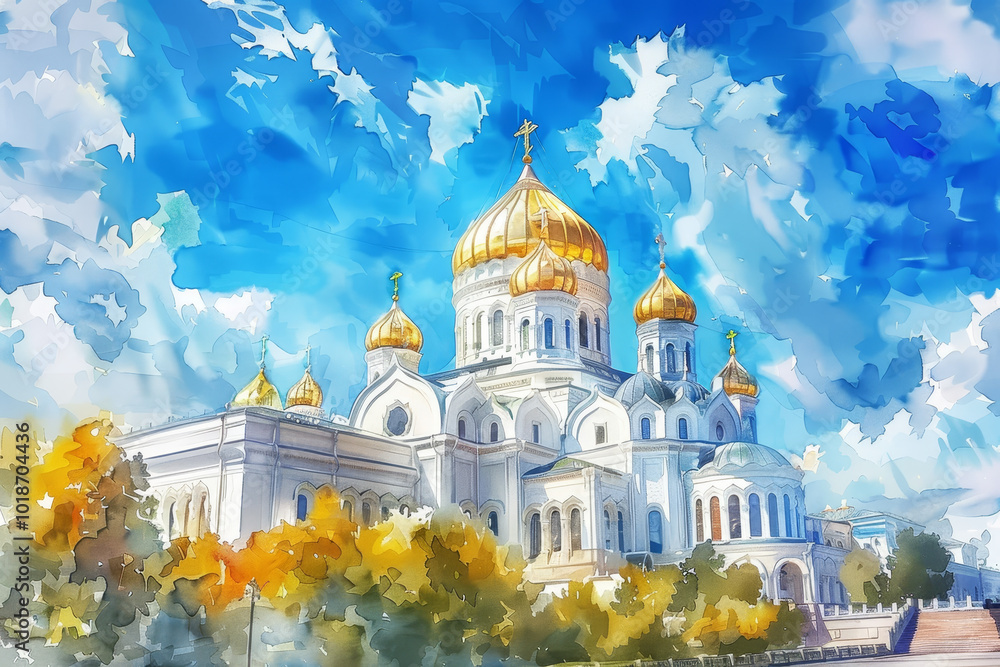 Obraz premium A beautiful church with a gold dome and a blue sky background