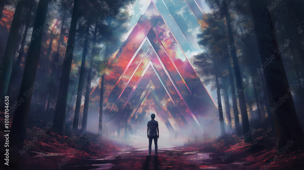 Obraz premium A lone figure stands in a misty forest, facing colorful geometric shapes illuminated by the vibrant sky at dusk