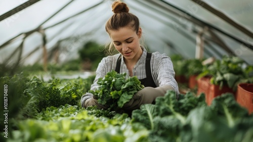 Woman Harvesting Green Leafy Vegetables in a Greenhouse